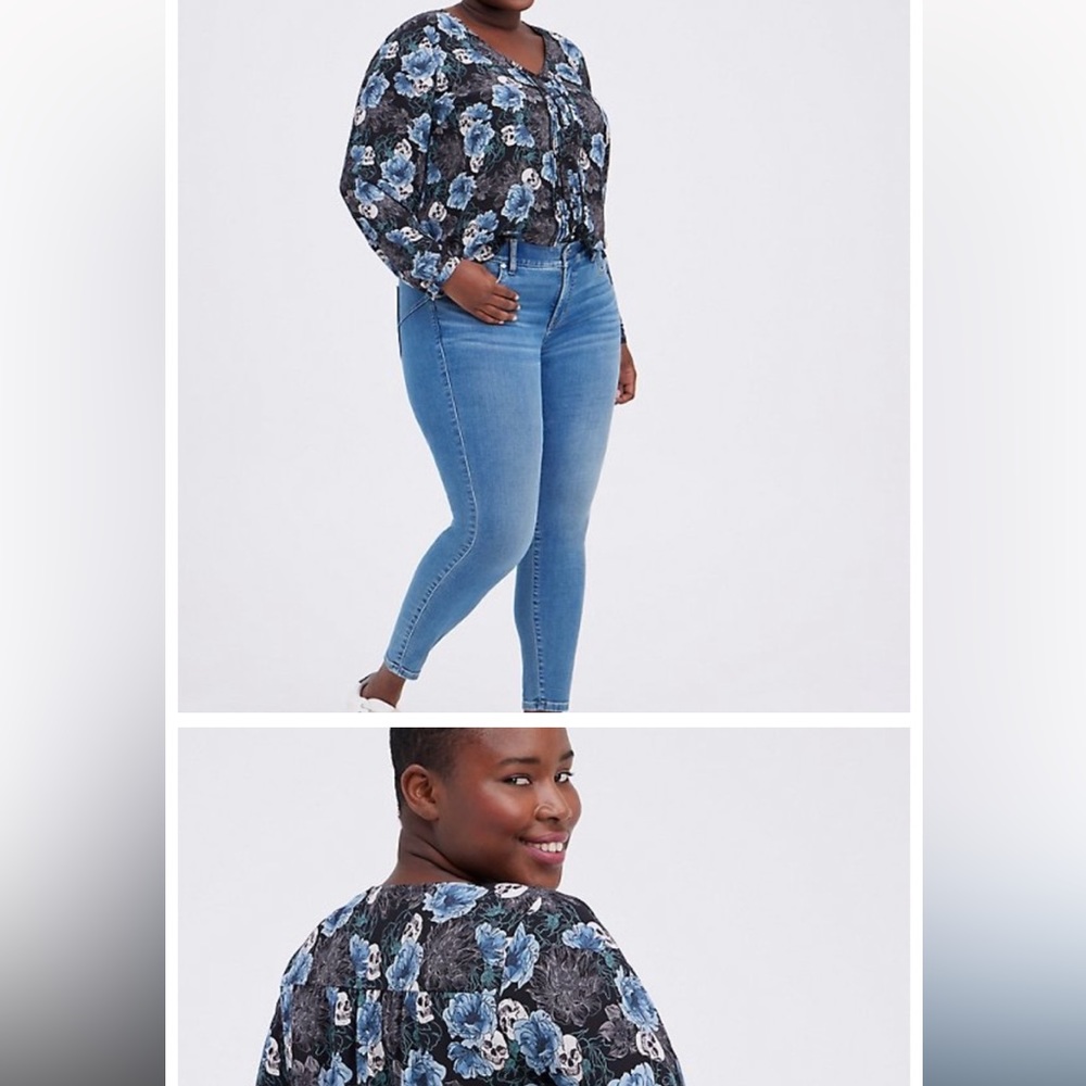 COPY - NWT Torrid Blouse Georgette Blue Black Roses Skulls Pintuck Long Sleeve …